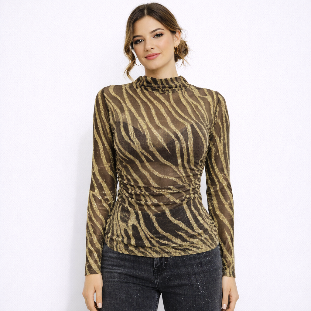 Top mesh zébré à fils métallisés – Col montant