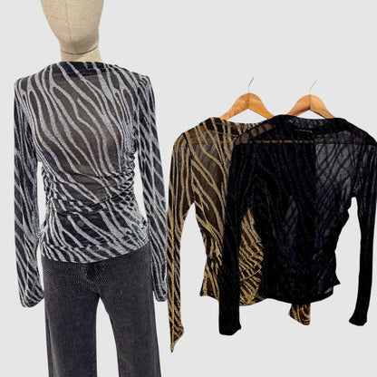 Top mesh zébré à fils métallisés – Col montant